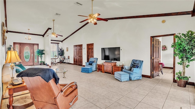 7884 N Lake Buffum Shores Rd, Fort Meade, FL 33841 - tiled living room featuring ceiling fan with notable chandelier, crown molding, and high vaulted ceiling