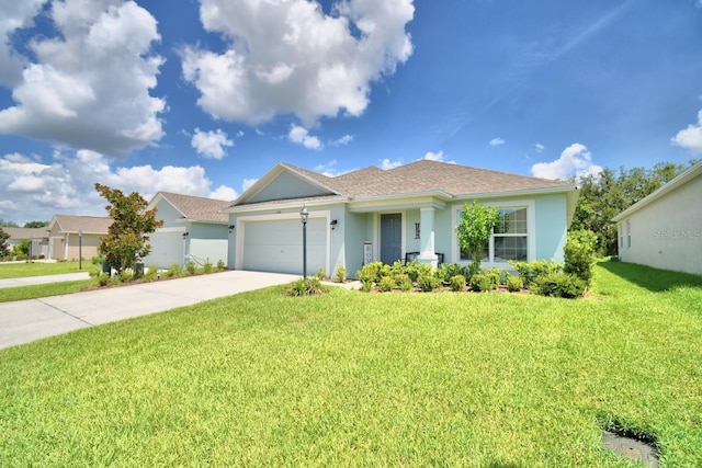 single story home with a garage and a front yard