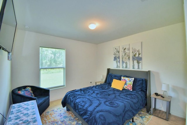 bedroom with light carpet