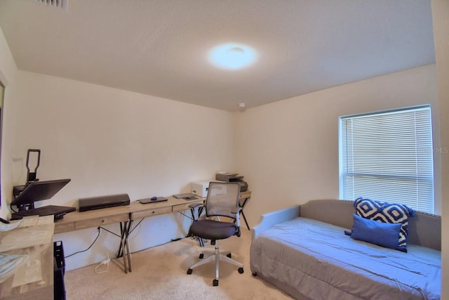 bedroom with light colored carpet