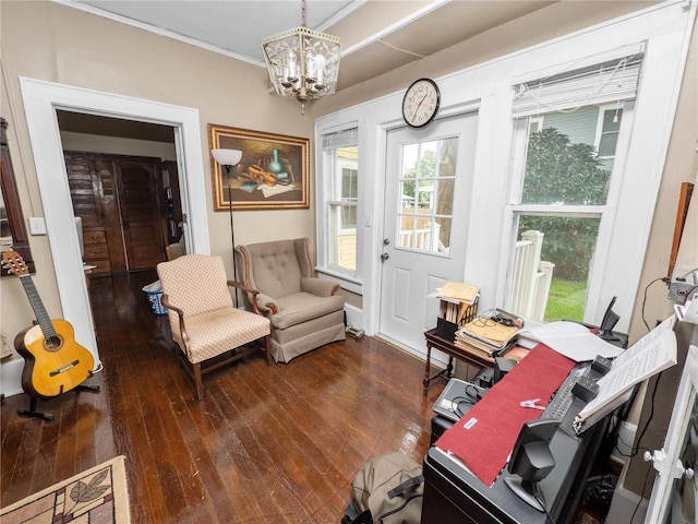 sitting room featuring a notable chandelier, crown molding, and dark wood-type flooring