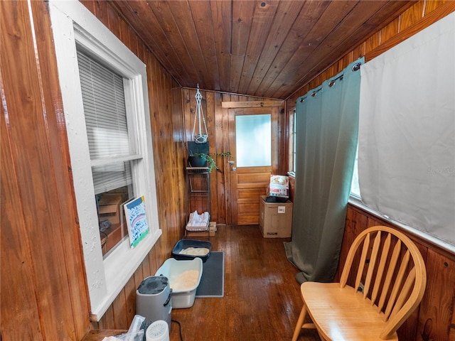 living area with dark wood-type flooring, wooden walls, and wooden ceiling