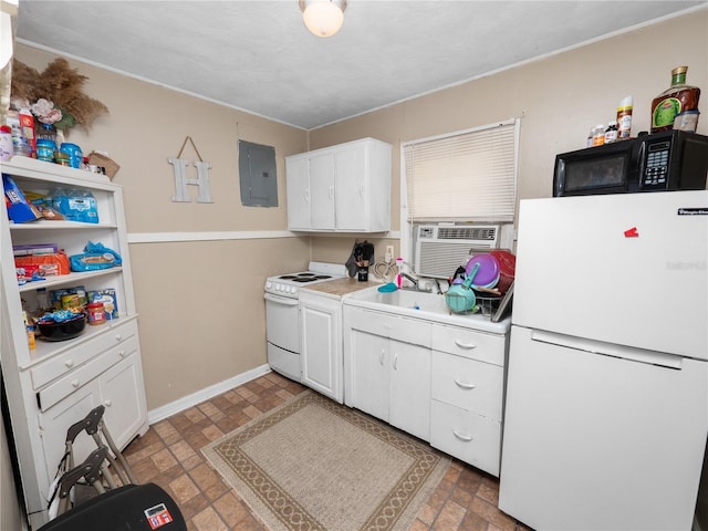 washroom with sink, cooling unit, and electric panel