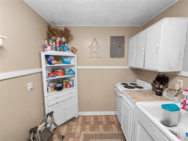 kitchen with white cabinetry, tile countertops, electric panel, and electric stove