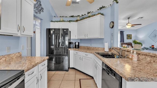 kitchen featuring ceiling fan, sink, white cabinetry, light tile patterned floors, and black appliances