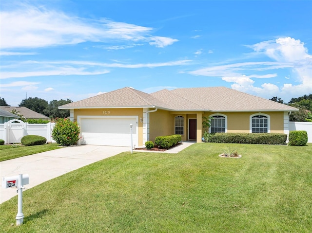 single story home featuring a garage and a front lawn