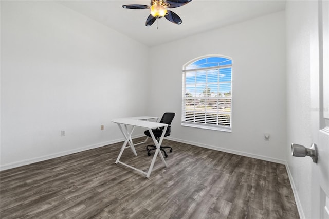 unfurnished office featuring ceiling fan and wood-type flooring