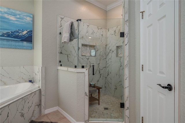 bathroom featuring crown molding, tile patterned floors, and shower with separate bathtub