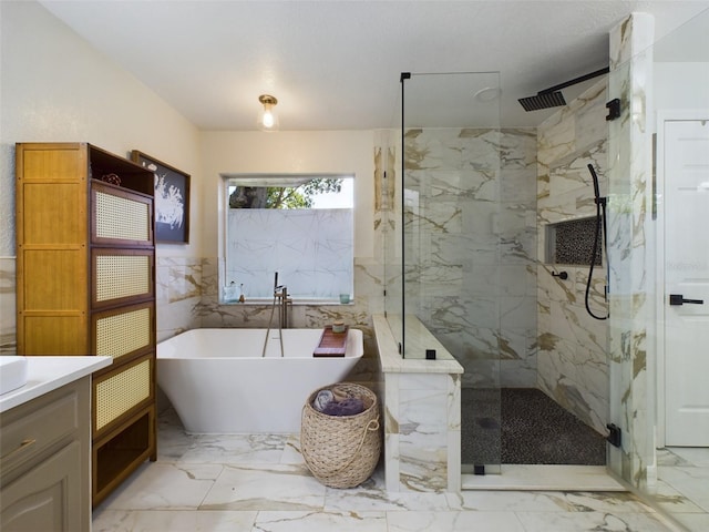 bathroom with shower with separate bathtub, tile patterned flooring, and vanity