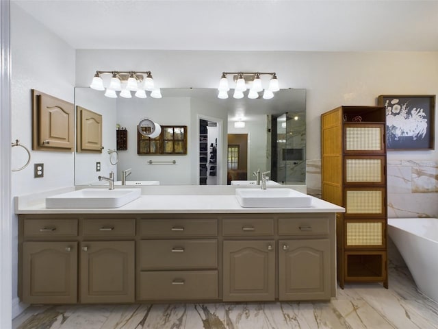 bathroom with tile patterned flooring, double vanity, and a washtub