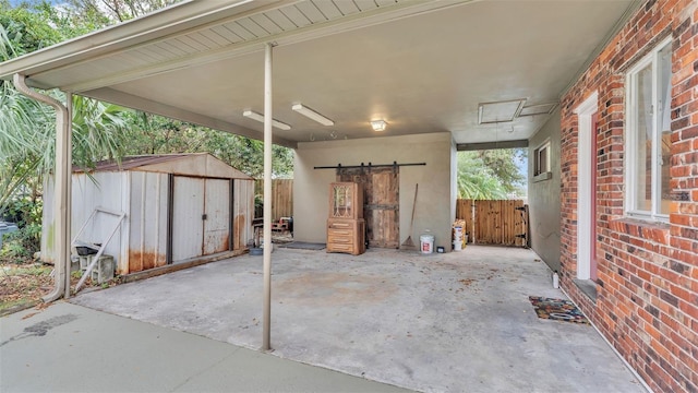 view of patio with a shed