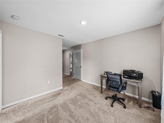 home office featuring light carpet