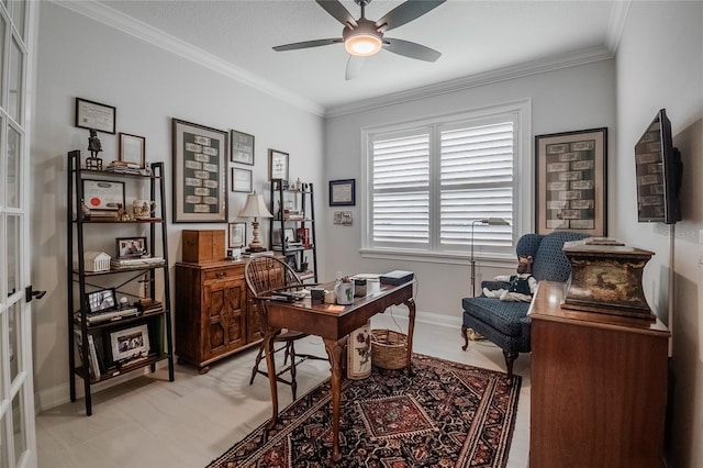 home office featuring ornamental molding and ceiling fan