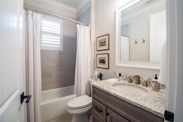 full bathroom featuring vanity, shower / tub combo with curtain, crown molding, and toilet