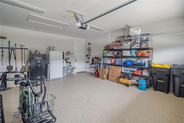 garage with white refrigerator