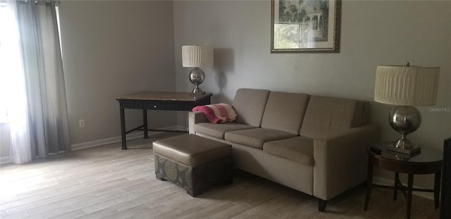 living room featuring a healthy amount of sunlight and light hardwood / wood-style flooring