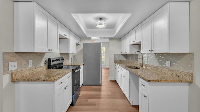 kitchen with tasteful backsplash, stainless steel electric stove, white cabinets, light hardwood / wood-style flooring, and sink