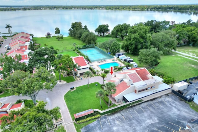 drone / aerial view with a water view