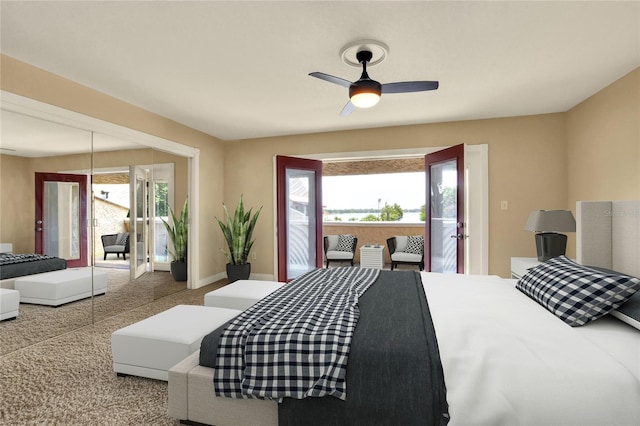 carpeted bedroom with access to outside and ceiling fan