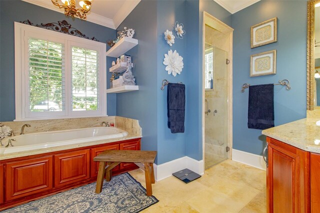 bathroom with vanity, separate shower and tub, ornamental molding, and a wealth of natural light