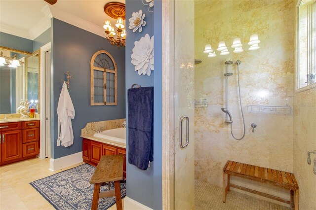 bathroom with plus walk in shower, vanity, crown molding, and tile patterned flooring