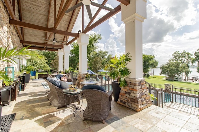 view of patio featuring ceiling fan