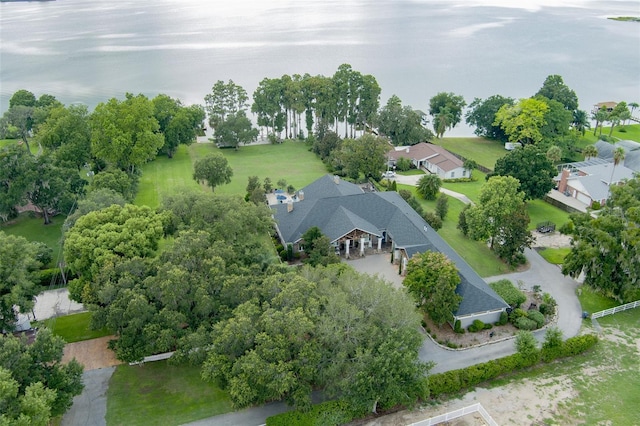 birds eye view of property featuring a water view