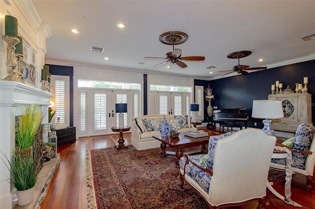 living room with crown molding, french doors, ceiling fan, and hardwood / wood-style floors