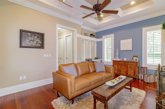 living room featuring dark hardwood / wood-style flooring, plenty of natural light, and ornamental molding