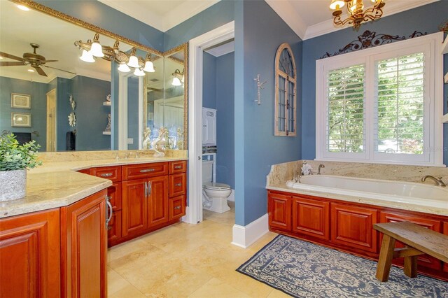 bathroom featuring vanity, a bathing tub, ceiling fan with notable chandelier, crown molding, and toilet