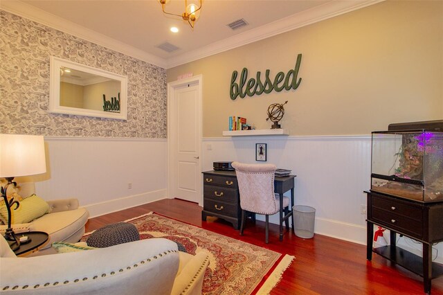 office space with a chandelier, dark hardwood / wood-style floors, and crown molding