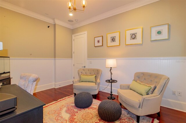 office space featuring dark hardwood / wood-style floors, ornamental molding, and a chandelier