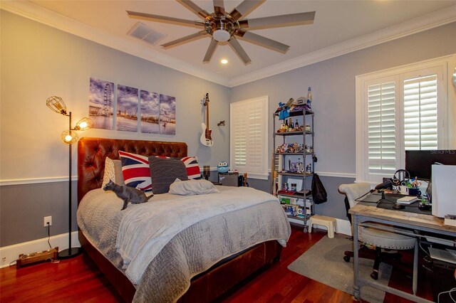 bedroom with ceiling fan, dark hardwood / wood-style flooring, and crown molding