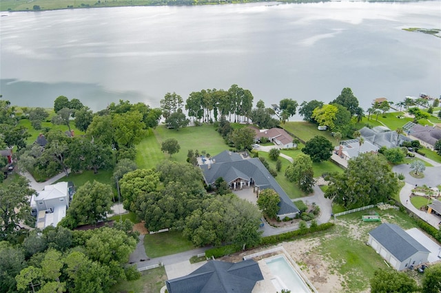 drone / aerial view with a water view