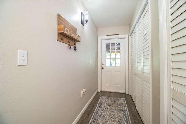 doorway to outside featuring dark wood-type flooring