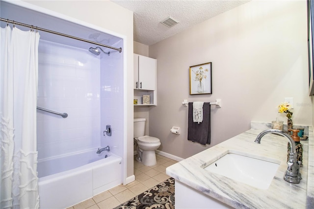 full bathroom with toilet, shower / tub combo, a textured ceiling, vanity, and tile patterned flooring