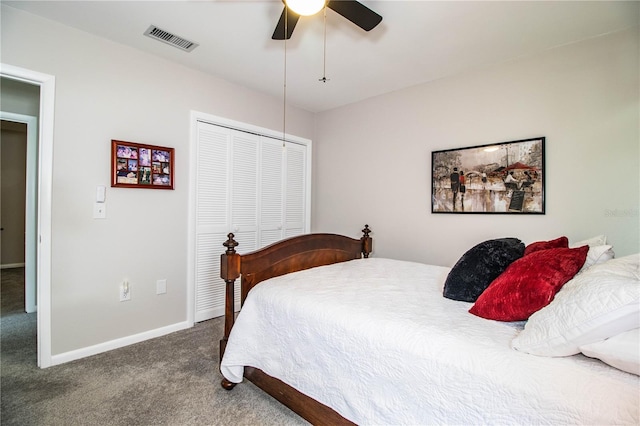 bedroom featuring carpet floors, a closet, and ceiling fan