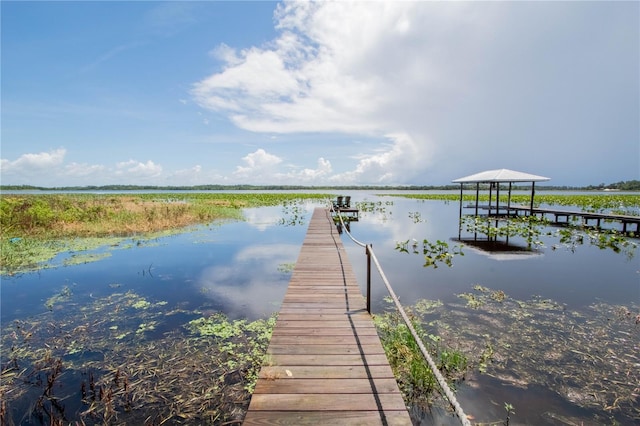 view of dock with a water view