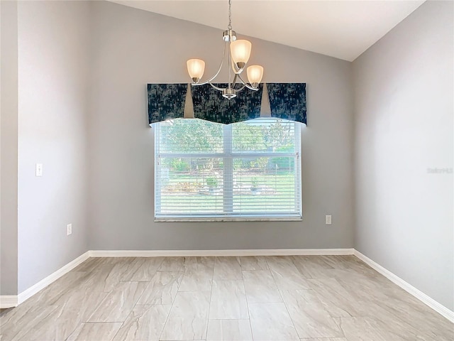 unfurnished room featuring lofted ceiling, baseboards, and a chandelier