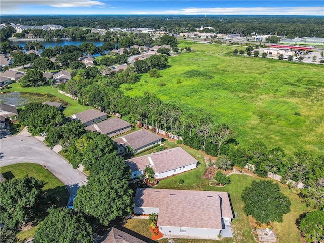 birds eye view of property with a water view and a residential view