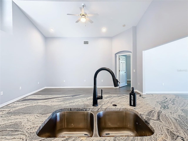 details featuring visible vents, baseboards, arched walkways, a sink, and a ceiling fan