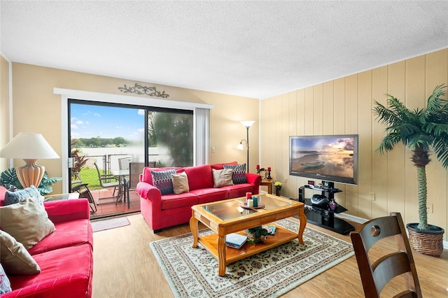 living area featuring a textured ceiling and wood finished floors