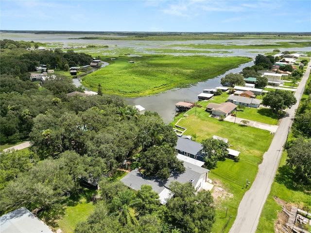 bird's eye view with a water view