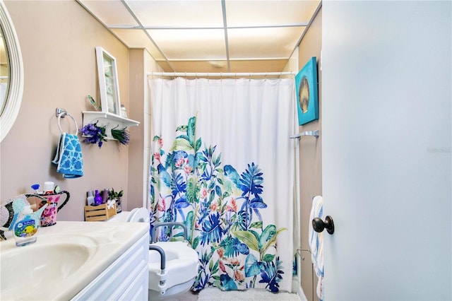 bathroom with vanity and curtained shower