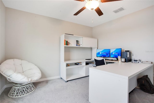 office area with ceiling fan and light colored carpet