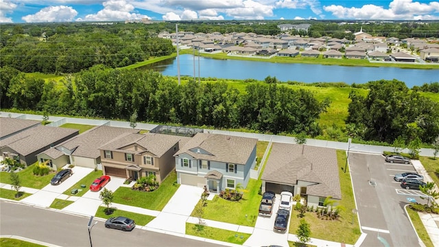 bird's eye view with a water view