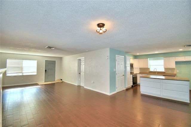 unfurnished living room with dark wood-type flooring, sink, and a textured ceiling