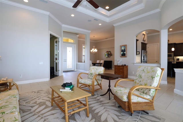 living area featuring recessed lighting, light tile patterned flooring, crown molding, and baseboards