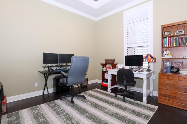 office area with dark wood-type flooring and crown molding