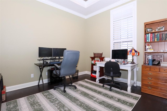 home office featuring crown molding, dark wood-type flooring, and baseboards